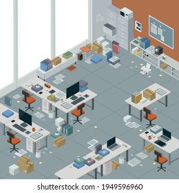 Messy corporate business office interior with cluttered desks and piles of paperwork, isometric illustration