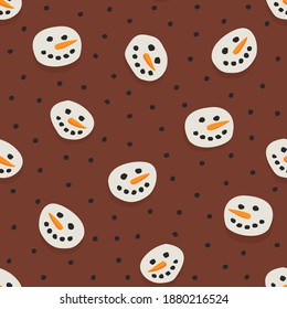 messy cute smiling snowmen faces and chocolate drops floating in a hot chocolate background colorful winter food mood vector seamless pattern 