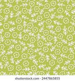 messy delicate white linear botanical tiny flowers and leaves spring season holiday vector seamless pattern set on light green background