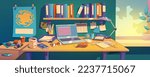 Messy desk with laptop, papers and dirty cups. Contemporary vector illustration of untidy accountants work space in office, clutter workplace with empty mug, crumbled snacks, documents around computer