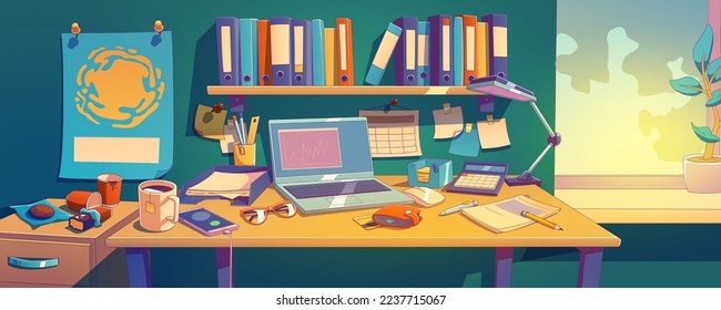Messy desk with laptop, papers and dirty cups. Contemporary vector illustration of untidy accountants work space in office, clutter workplace with empty mug, crumbled snacks, documents around computer - Shutterstock ID 2237715067