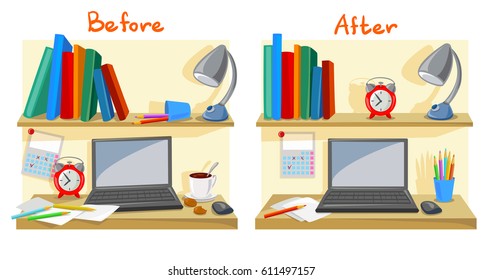 Messy Desktop Clutter, Tidy Desk. Vector Illustration