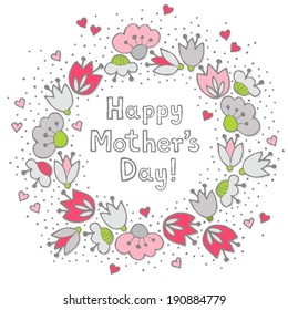 Messy different colorful pink gray flowers and hearts in round wreath on white background with little dots retro romantic botanical centerpiece Mother's Day greeting card 