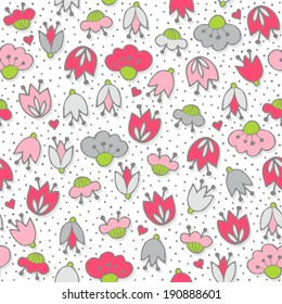 Messy different colorful pink gray flowers and hearts  on white background with little dots retro romantic botanical seamless pattern