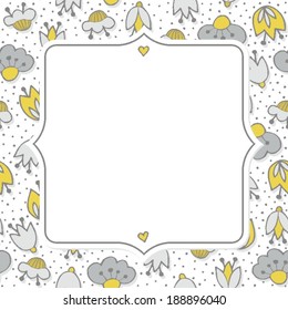 Messy different colorful yellow gray flowers on white background with little dots retro botanical seamless pattern with retro shaped frame with place for your text greeting card