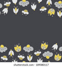 Messy different colorful yellow gray flowers on dark background with little dots retro botanical seamless double horizontal border