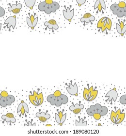 Messy different colorful yellow gray flowers on white background with little dots retro botanical seamless double horizontal border