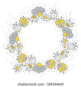 Messy different colorful yellow gray flowers in round wreath on white background with little dots retro botanical centerpiece illustration with place for your text