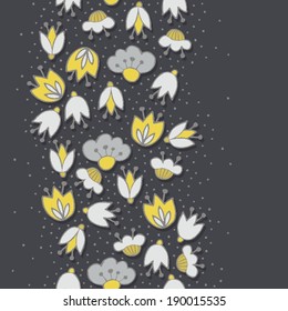 Messy different colorful yellow gray flowers on dark background with little dots retro botanical seamless vertical border