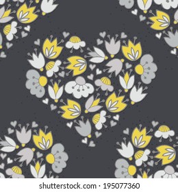 Messy different colorful yellow gray flowers and hearts in heart shape on dark background with little dots retro romantic botanical seamless pattern