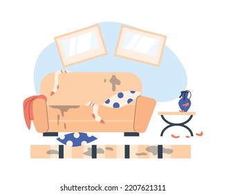 Messy And Dirty Living Room, Flat Vector Illustration Isolated On White Background. Sofa With Stains And Scattered Things. Home Cleaning And Household Chores Concepts.