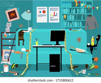 Messy Dirty Room With A Clean Work Station, Yellow Tape Sets Work Place Boundaries, No People, EPS 8 Vector Illustration