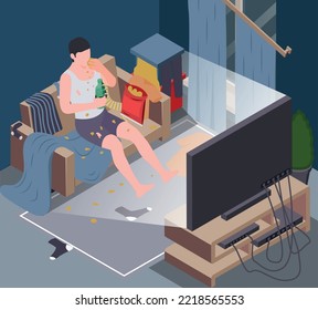 Messy And Dirty Room Isometric Background With TV Watching Symbols Vector Illustration