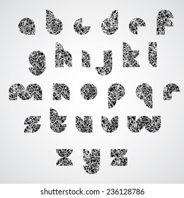 Messy dirty texture covered letters of modern digital shape, aged grunge style curve lines font. Alphabet designed specially, lowercase vector set.