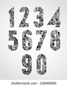 Messy dirty texture covered numbers of bold condensed poster headline style, aged grunge style curve lines numerals. Symbols designed specially, vector set.