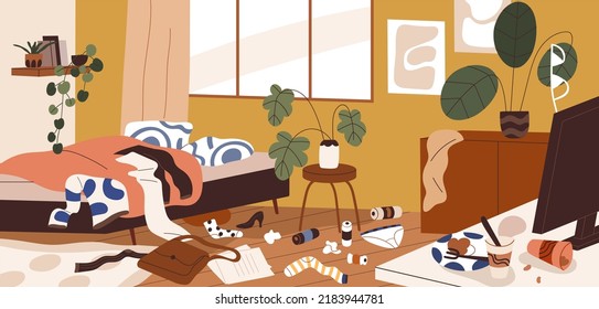 Messy dirty untidy chaotic home room. Mess, dirt, chaos in house interior. Disorder, scattered stuff, trash, clothes clutter lying around on floor in apartment. Colored flat vector illustration