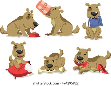 messy dog eating things vector cartoon