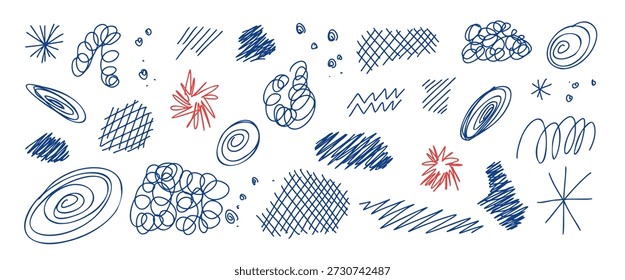 Conjunto de canetas azul deslumbrante com marcas caóticas e texturas abstratas. Traços, rabiscos e rabiscos espontâneos desenhados à mão formam uma composição gráfica expressiva. Vetor aleatório isolado não bg.