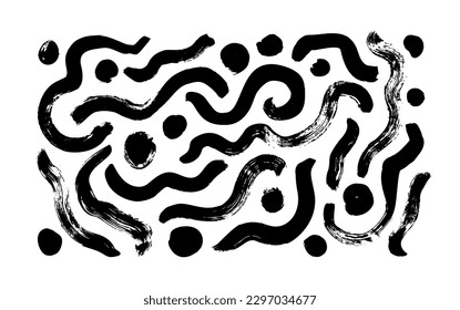 Messy doodles and dots, bold curvy lines collection. Brush drawn vector curved bold lines, freehand wavy brush strokes. Grunge wavy smears set. Black ink illustration. Squiggles and swashes.