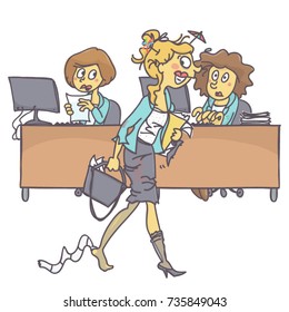 Messy and drunk woman coming to office while coworkers look at her astonished, colorful vector cartoon on white background