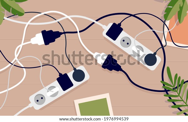 Messy electrical chords and clutter at home\
- Floor with extension sockets cables, chargers and wire mess.\
Vector illustration.