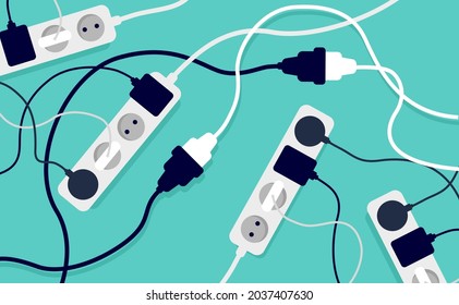 Messy electrical chords and clutter on floor - Extension sockets cables, chargers and wire mess. Vector illustration.