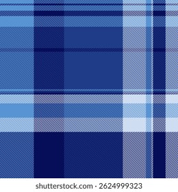 Messy fabric texture check, tissue plaid textile seamless. Asymmetric tartan pattern vector background in blue and light colors palette.