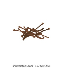 Messy firewood sticks in random pile - brown brushwood drawing prepared for bonfire kindling, small pieces of wood timber isolated on white background. Flat cartoon vector illustration