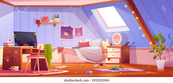 Messy girl bedroom on attic. Vector cartoon interior of mansard with dirty furniture and clothes, unmade bed and trash. Teenager room with chaos, unmade bed, mess and clutter