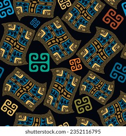 Desordenado patrón geométrico sin costuras de Grecia. Fondo portador gris colorido. Hermosos adornos de estilo étnico tribal. Diseño moderno y luminoso con llave griega, meandros, marcos. Textura sin fin.