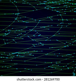 Messy grid made of connected dots with green wires