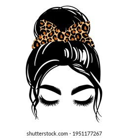 Messy hair bun with leopard bandana or headwrap, vector woman silhouette. Beautiful girl drawing illustration. Female hairstyle. Long black lashes, closed eyes isolated on white.