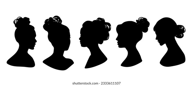 Messy hair bun, vector woman silhouette. Beautiful girls set . Female hairstyle.