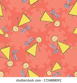 Messy hair cut Covid 19 quarantine vector seamless pattern. Funny infographic red coronavirus backdrop of woman hairstyling with scissors Naive scribble all over print for isolation self care concept.