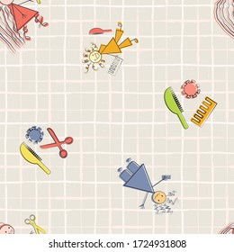 Messy hair cut Covid 19 quarantine vector seamless pattern background. Scribble sketch of stick women with styling tools on note pad style backdrop. Coronavirus theme for isolation self care concept.