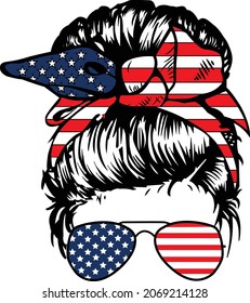 Messy Hair Girl - USA Sunglasses 4th of July  American - United States of America (USA) Flag Bandana - US independence day 