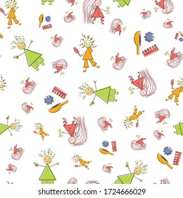 Messy hair vector seamless pattern background. Funny infographic Covid 19 quarantine white backdrop sketch with stick women, scissors brush. Multicolor all over print for isolation self care concept.