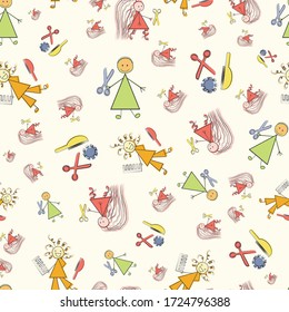Messy hair vector seamless pattern background. Funny infographic Covid 19 quarantine white backdrop sketch with stick women, scissors brush. Multicolor all over print for isolation self care concept.
