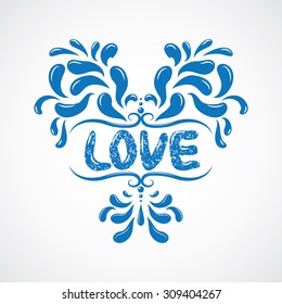 Messy hand drawn romantic poster. Heart resembling shapes ornaments with cute love word for valentines day card or save the date card.
