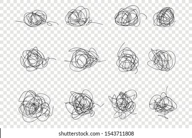 Messy hand drawn scrawls vector illustrations set. Chaotic ink pen strokes, cluttered knots pack. Tangled thin lines isolated on transparent background. Undigested freehand scribbles collection
