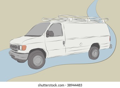 Messy hand drawn work van illustration. Outlines, fill colors, background and road outline are all on separate layers. Easy to change colors and add elements.