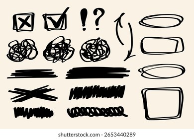 Rabiscos, marcas de seleção e formas esboçadas à mão confusas. Fazer doodle de elementos de esboço para notas, realces, anotações e layouts criativos.