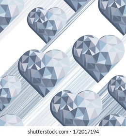 messy hearts with shadow blue crystal diamond shaped elements on white background love romantic valentines day seamless pattern