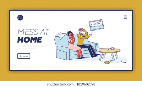 Messy Home Landing Page Template With Lazy Couple Sitting On Sofa In Dirty Living Room Needs Cleaning With Waste On Floor. Cartoon Linear Vector Illustration