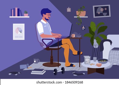 Messy home office. Business man, freelancer or student in shirt and shorts working from home by laptop. Virtuality vs reality of remote work. Guy making online video call in chaos. Vector illustration