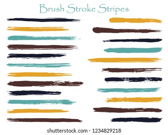 Messy ink brush stroke stripes vector set, black gold blue marker or paintbrush lines patch. Hand drawn watercolor paint brushes, smudge strokes collection. Interior paint color palette samples.