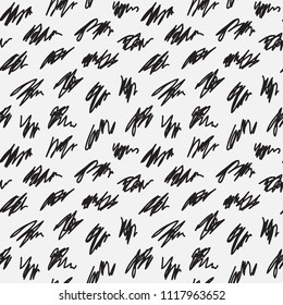 Messy irregular zigzag lines and scrawls hand drawn vector seamless scribble pattern. Careless scratchy pen or pencil doodle texture. Repeated background in black and white.
