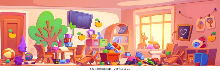 Messy kid classroom or nursery room with toy for children background. Preschool or kindergarden house chaos interior for playground illustration. Tv, desk and chair kindergarten furniture design