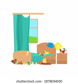 Messy Kids Bedroom Flat Vector Illustration. Dirty Apartment Cartoon  Isolated On White Background. Unkempt Room. House Chores, Cleanup