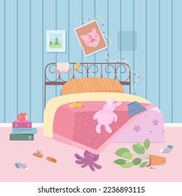 Messy kids bedroom vector illustration. Cartoon clothes and dirty shoes, toys and green house plant scattered on floor and untidy bed, teen room and home apartment interior in chaos before cleaning